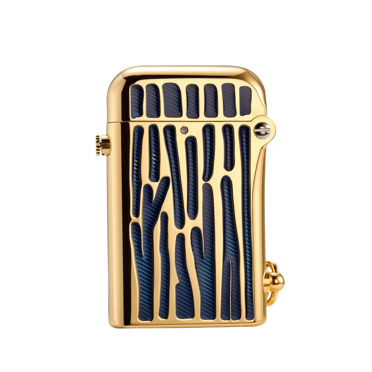 A high-resolution front view of a closed Thorens Gen 2 Double Claw mechanical lighter, showcasing the mirror-polished gold finish, textured midnight blue inlay stripes, and the side-trigger ignition button.