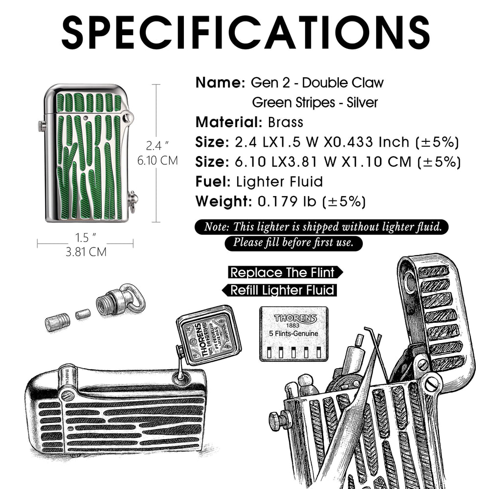 A technical graphic for the Gen 2 Green Stripes silver lighter, listing dimensions and weight alongside instructional diagrams for refilling kerosene and replacing the flint.