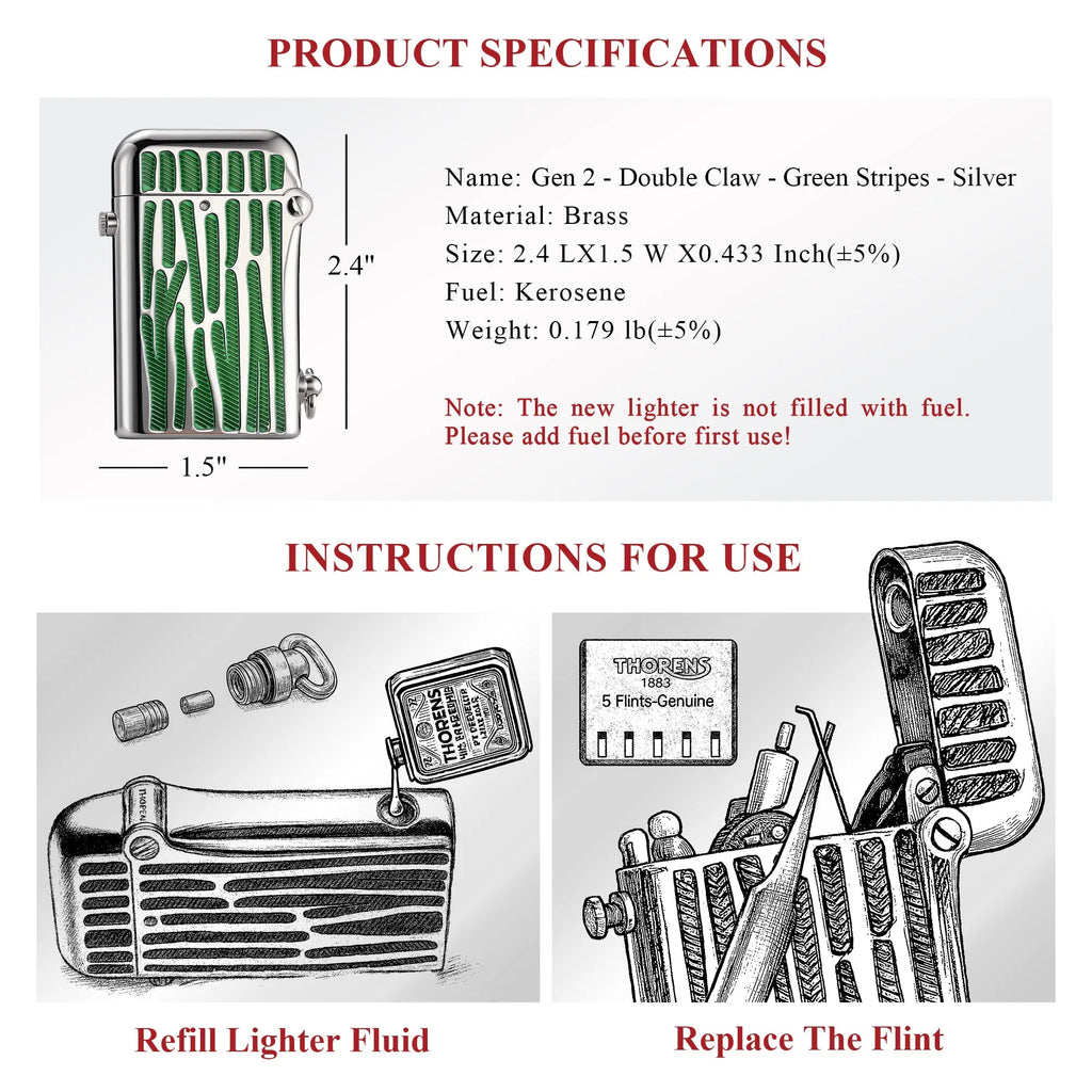 A technical graphic for the Gen 2 Green Stripes silver lighter, listing dimensions and weight alongside instructional diagrams for refilling kerosene and replacing the flint.