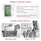 A technical graphic for the Gen 2 Green Stripes silver lighter, listing dimensions and weight alongside instructional diagrams for refilling kerosene and replacing the flint.