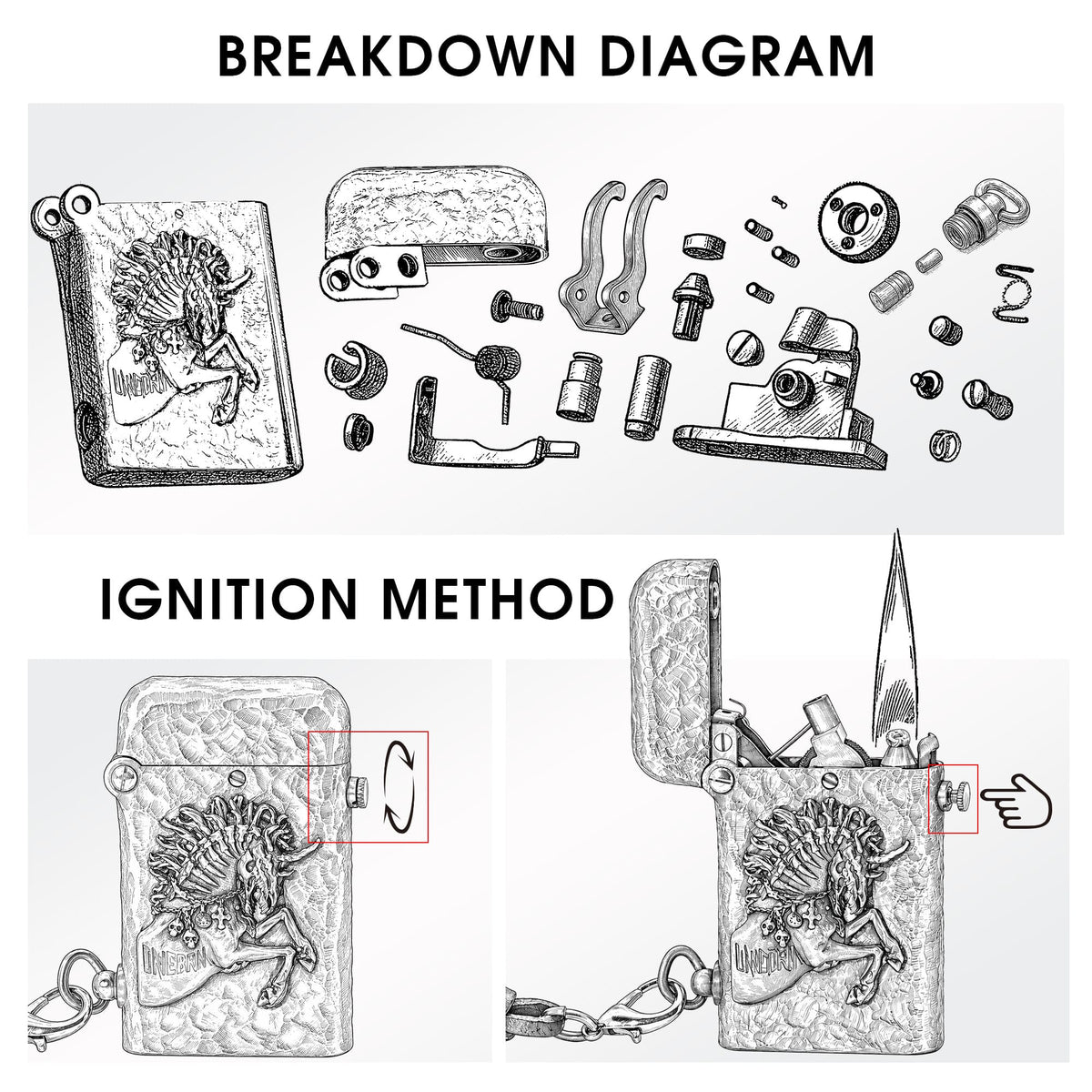 Technical breakdown diagram of the Thorens Gen 2 Double Claw Warhorse lighter, showing internal components and side-knob ignition method.