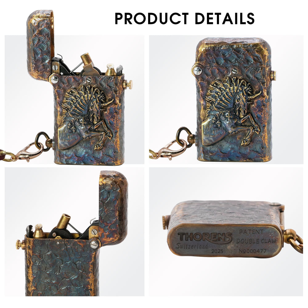 Thorens Gen 2 Double Claw Warhorse lighter shown in multiple detail views, highlighting the raised horse relief, open mechanism, distressed brass finish, base markings, and side chain.