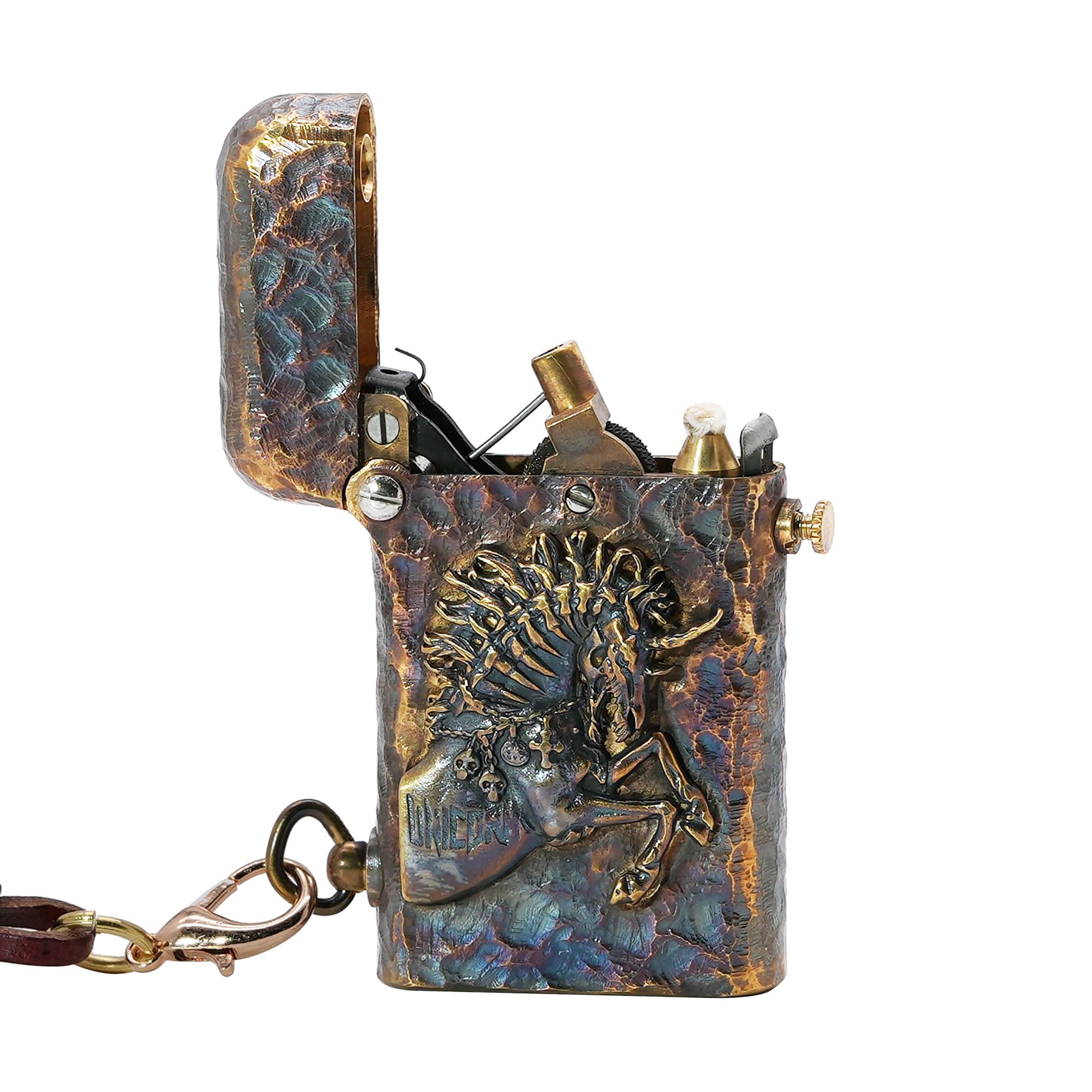 Thorens Gen 2 Double Claw Warhorse lighter shown open, with raised horse relief, distressed brass finish, exposed mechanism, and side leather charm.