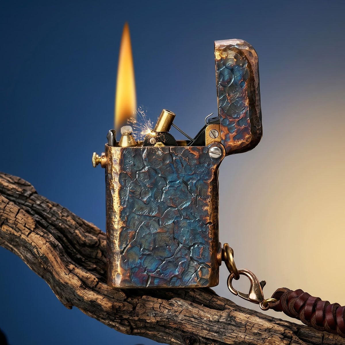 Thorens Gen 2 Double Claw Warhorse lighter shown open and lit on a textured tree branch, featuring its blue-brown distressed finish, visible flame, and attached leather charm.