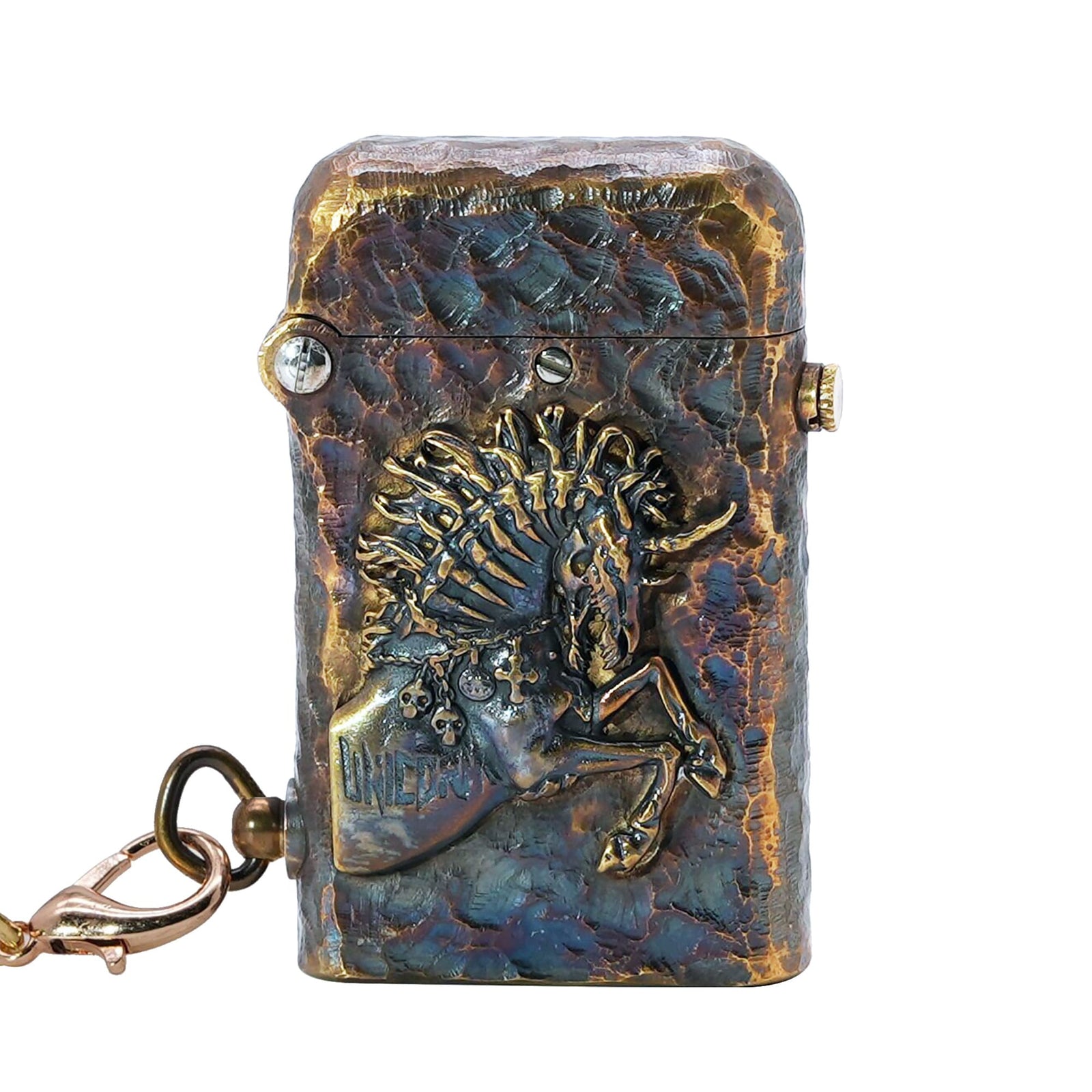 Thorens Gen 2 Double Claw Warhorse lighter shown closed, highlighting raised horse relief, distressed multitone brass finish, and side chain detail.