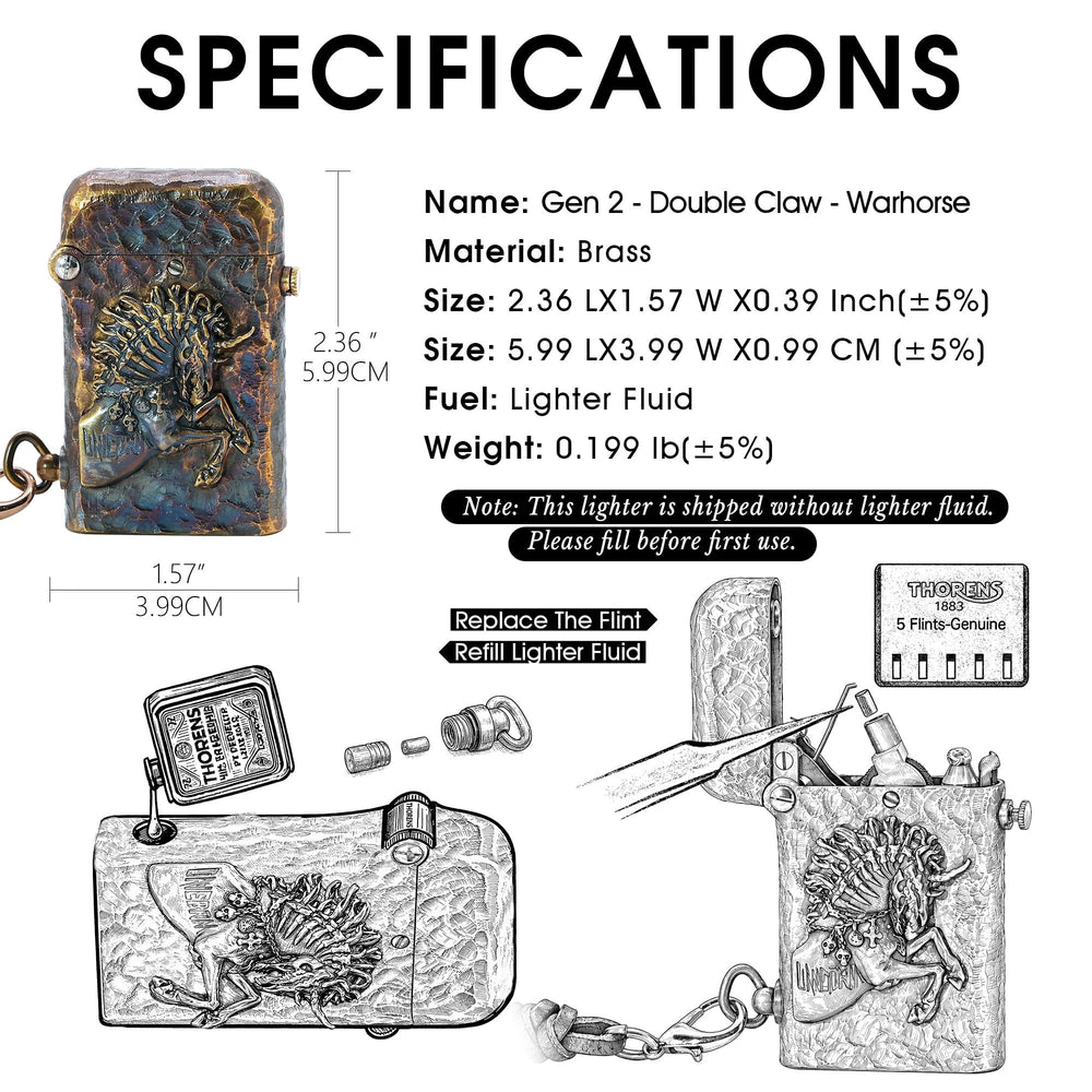Specification and maintenance guide for the Thorens Gen 2 Double Claw Warhorse lighter, showing size, brass material, fluid refill method, and flint replacement steps.