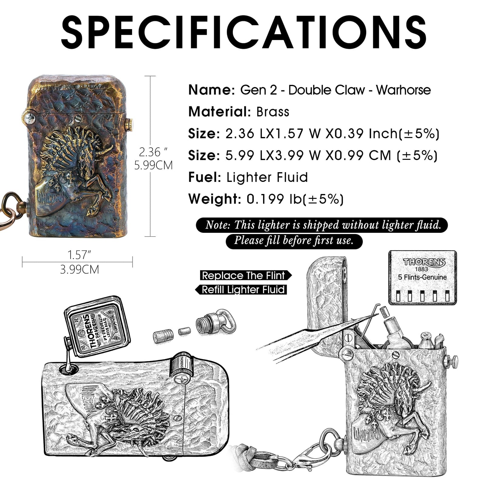 Specification and maintenance guide for the Thorens Gen 2 Double Claw Warhorse lighter, showing size, brass material, fluid refill method, and flint replacement steps.