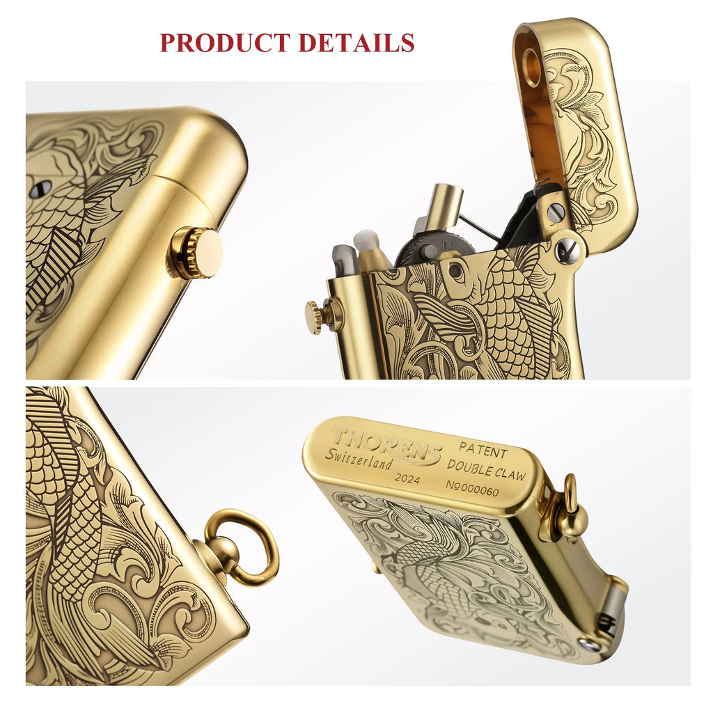 A detailed collage showing the mechanical claw, koi fish engraving, lanyard ring, and bottom patent stamps of a brass Thorens Gen 2 lighter.