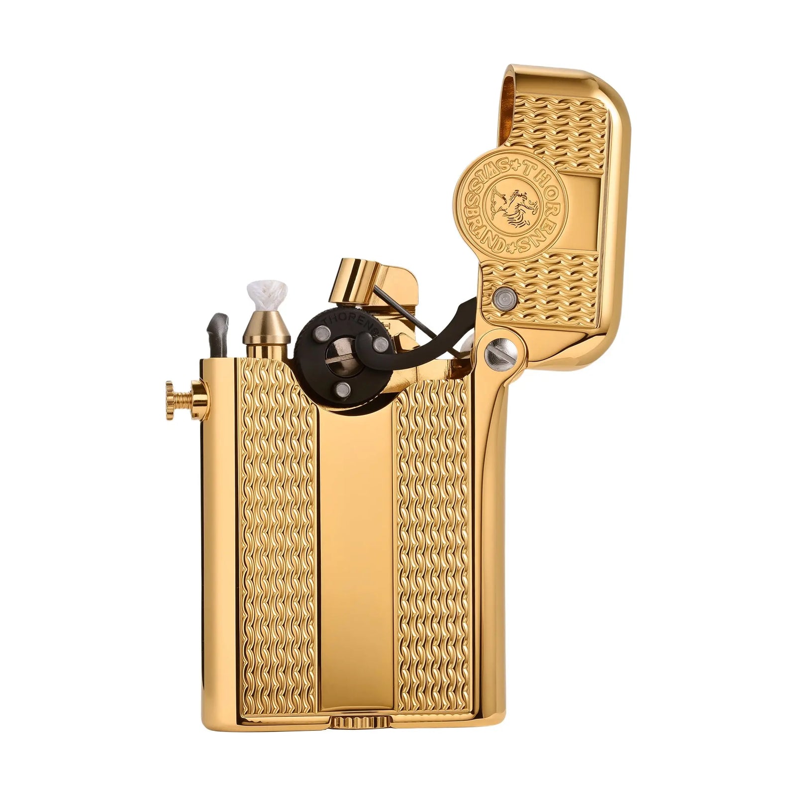 An ignited Thorens Gen 3 gold lighter featuring a spaced water ripple pattern and the signature Thorens Swiss Brand medallion, showing a vibrant flame and mechanical sparks.