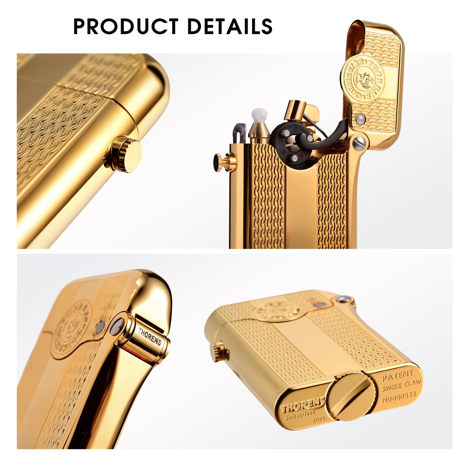 An open gold-plated Thorens Gen 3 lighter showing the single claw mechanism, the internal textured water ripple lid, and the central Swiss brand medallion.