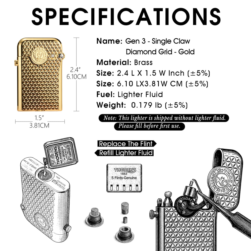 A technical guide for the Thorens Gen 3 Gold Diamond Grid lighter, including dimensions, weight, fuel refill steps, and flint replacement instructions.