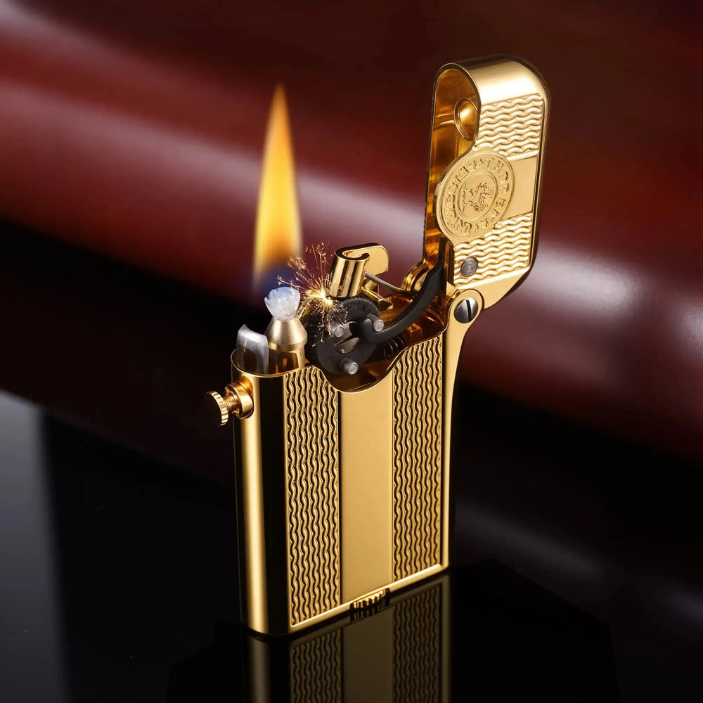 A gold-plated Thorens Gen 3 single claw lighter featuring a spaced water ripple pattern engraving, standing upright on a chessboard.