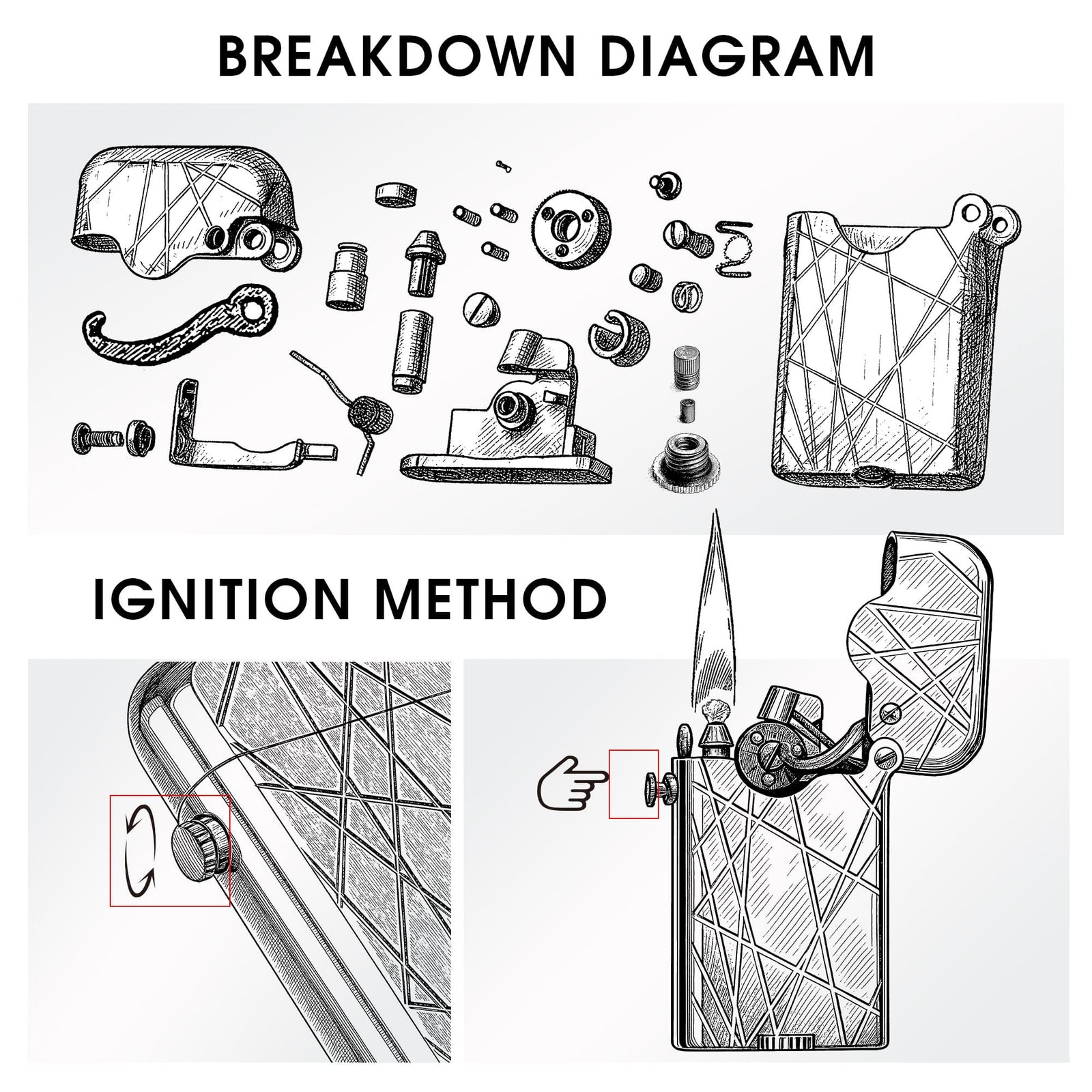 An exploded view diagram showing the mechanical parts of the Thorens Gen 3 Modern Grid lighter alongside a guide to its signature single claw ignition method.