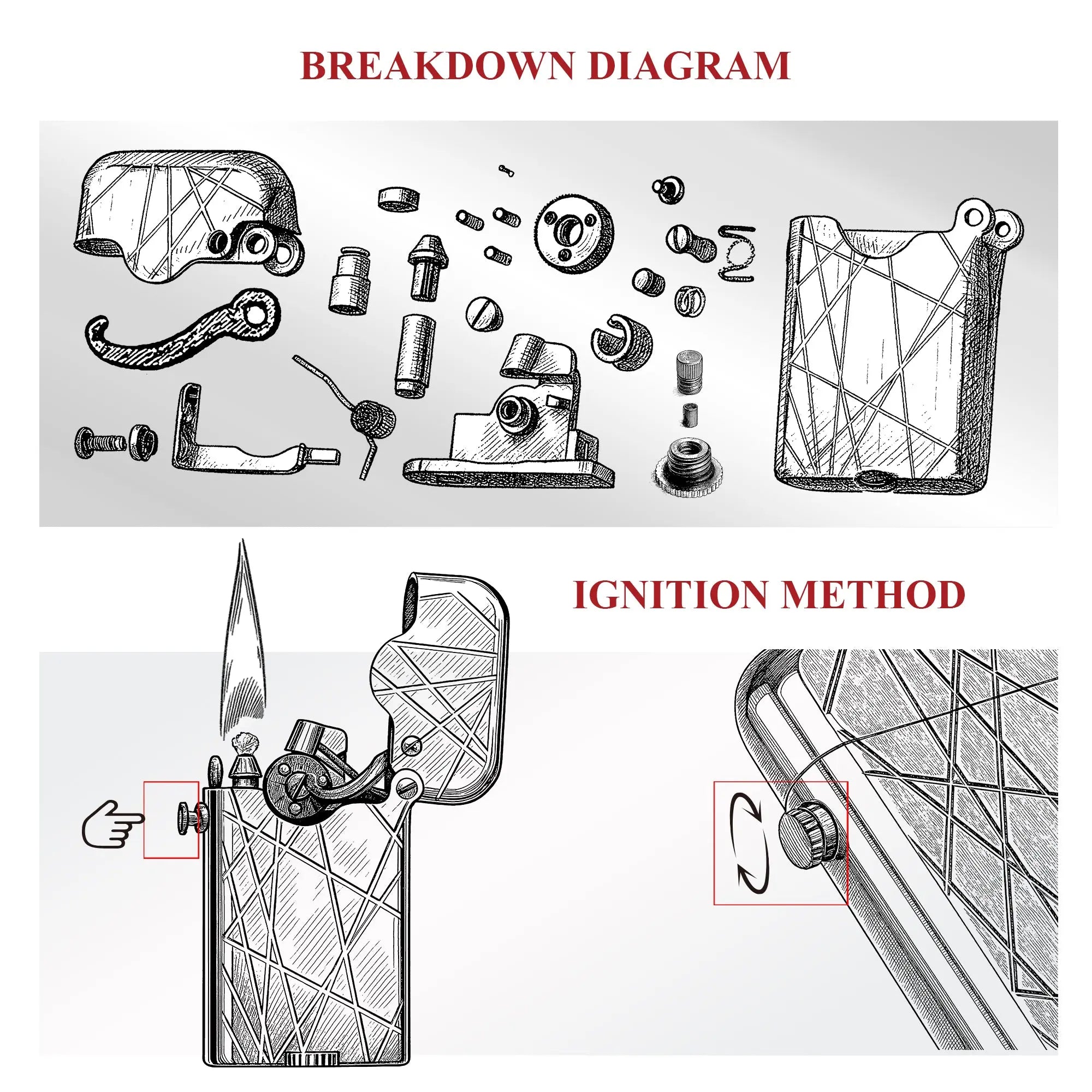 An exploded view diagram showing the mechanical parts of the Thorens Gen 3 Modern Grid lighter alongside a guide to its signature single claw ignition method.