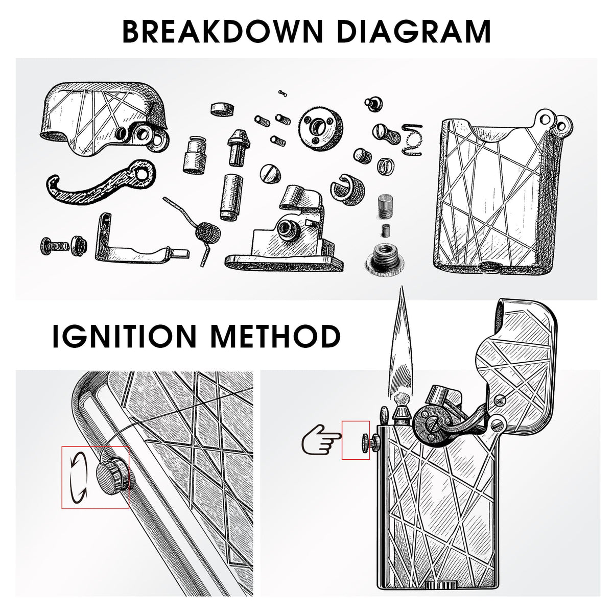 A detailed technical illustration showing an exploded view of the Thorens Gen 3 Modern Grid lighter's internal components and a step-by-step guide for the manual ignition process.