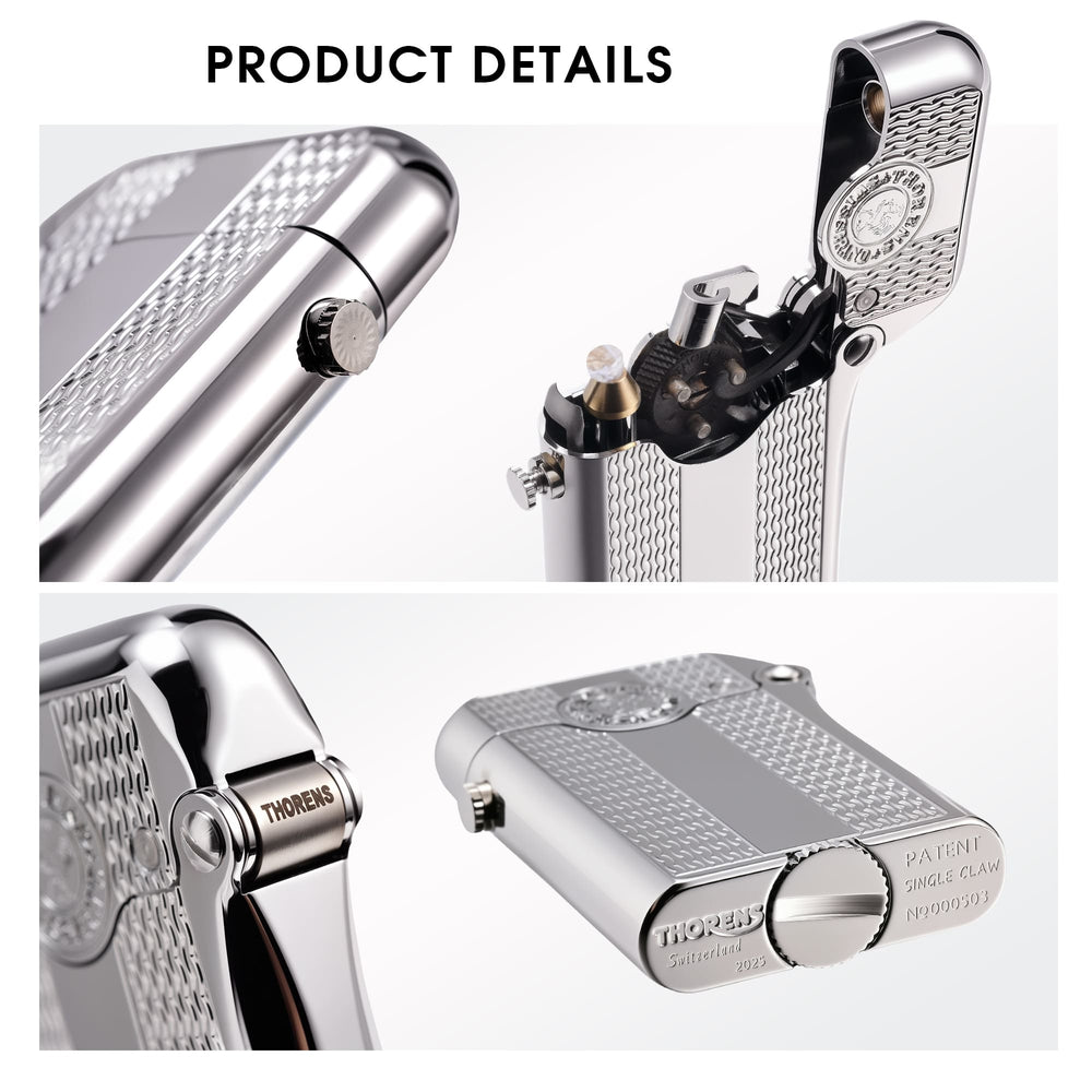 An ignited silver Thorens Gen 3 lighter with a spaced water ripple pattern, showing the mechanical spark and yellow flame against a dark, reflective background.