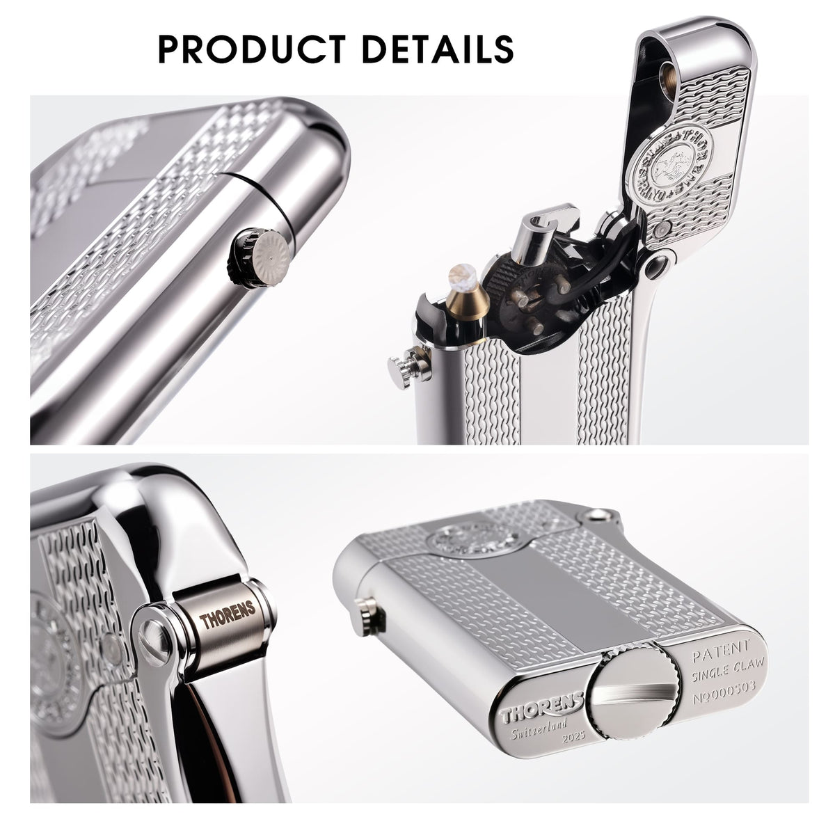 An ignited silver Thorens Gen 3 lighter with a spaced water ripple pattern, showing the mechanical spark and yellow flame against a dark, reflective background.