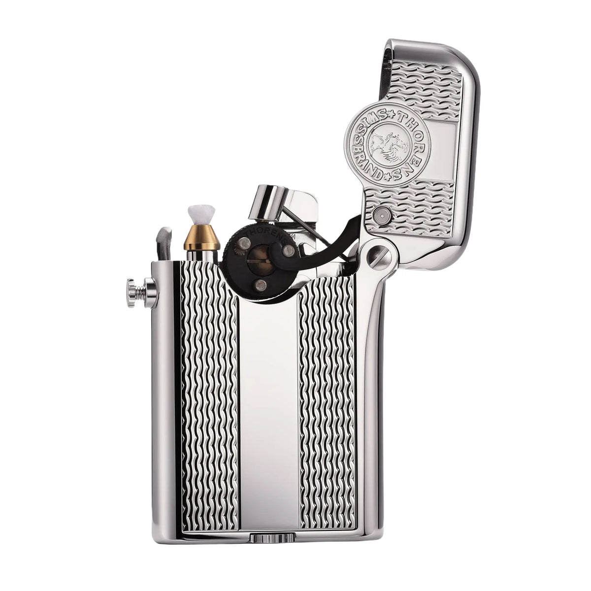 An open and ignited silver Thorens Gen 3 lighter, showcasing the single claw mechanism, sparks, and the Thorens Swiss Brand medallion on the interior lid.