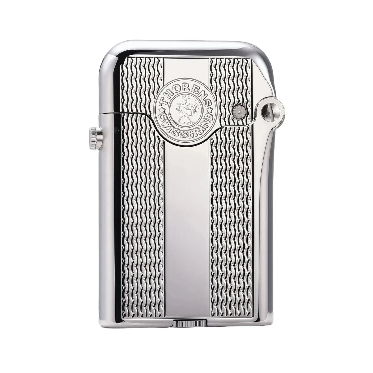 Front view of a polished silver Thorens Gen 3 lighter featuring the spaced water ripple pattern and the iconic Thorens Swiss Brand medallion centered on the casing.