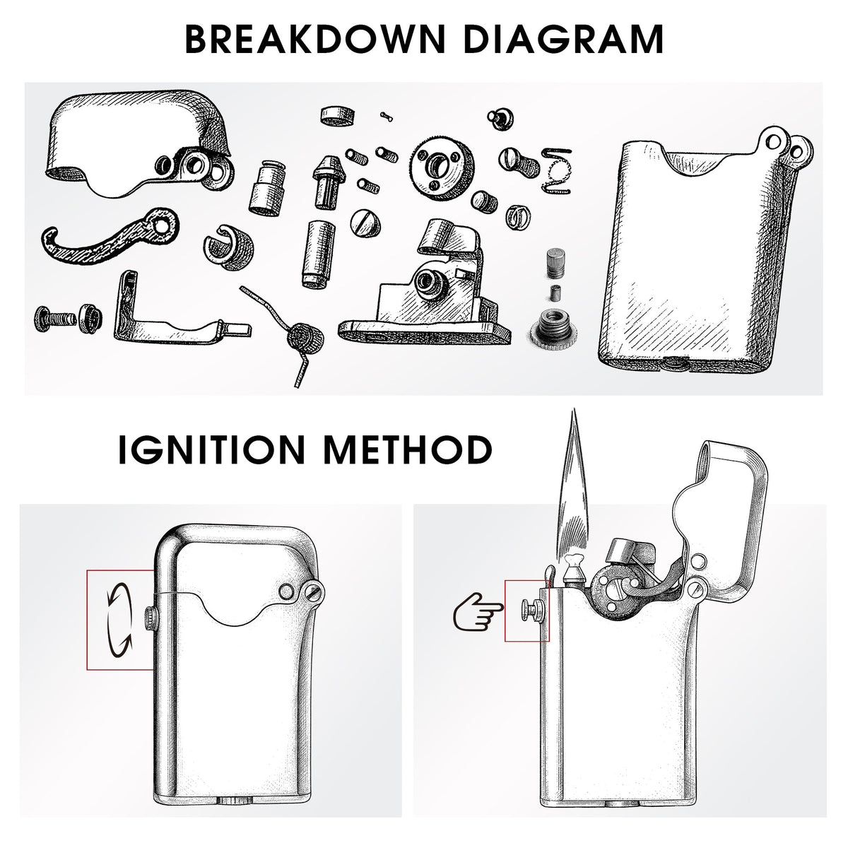 Technical drawings of the Thorens Gen 3 Single Claw glossy brass lighter, including a breakdown diagram of all individual components and a step-by-step flint-wheel ignition method guide.