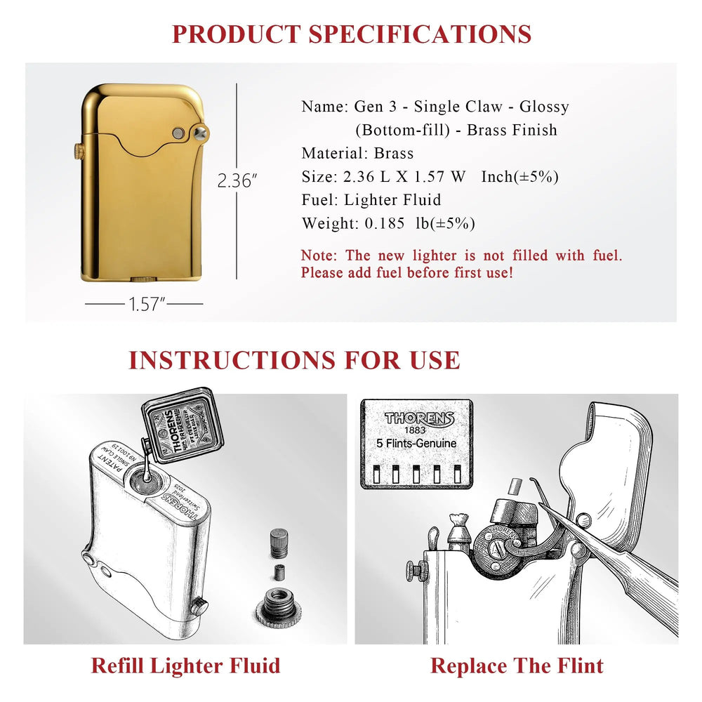 Product specifications and user instructions for the Thorens Gen 3 Single Claw glossy brass lighter, including dimensions, weight, and diagrams for bottom-fill refilling and flint replacement.