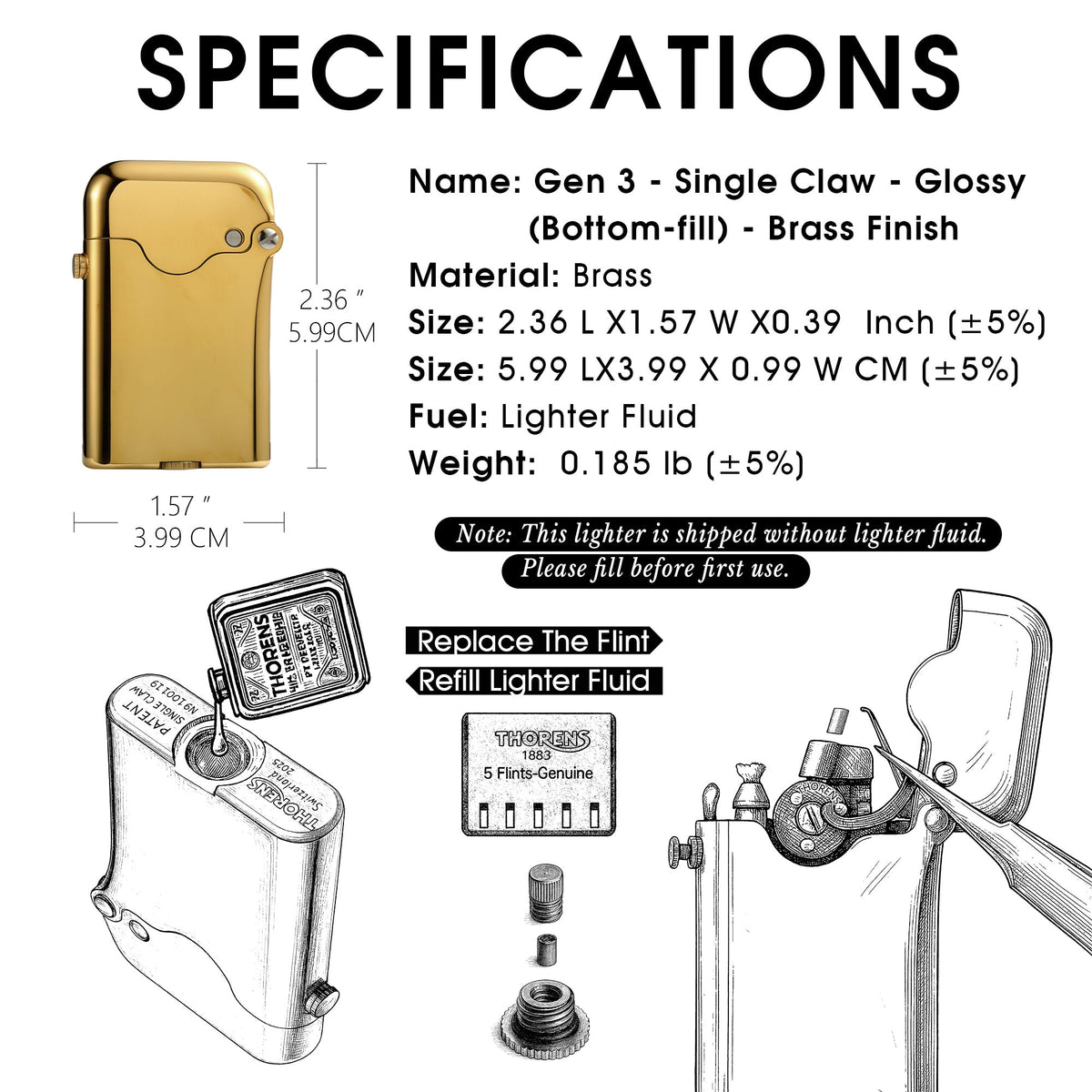 Product specifications and user instructions for the Thorens Gen 3 Single Claw glossy brass lighter, including dimensions, weight, and diagrams for bottom-fill refilling and flint replacement.