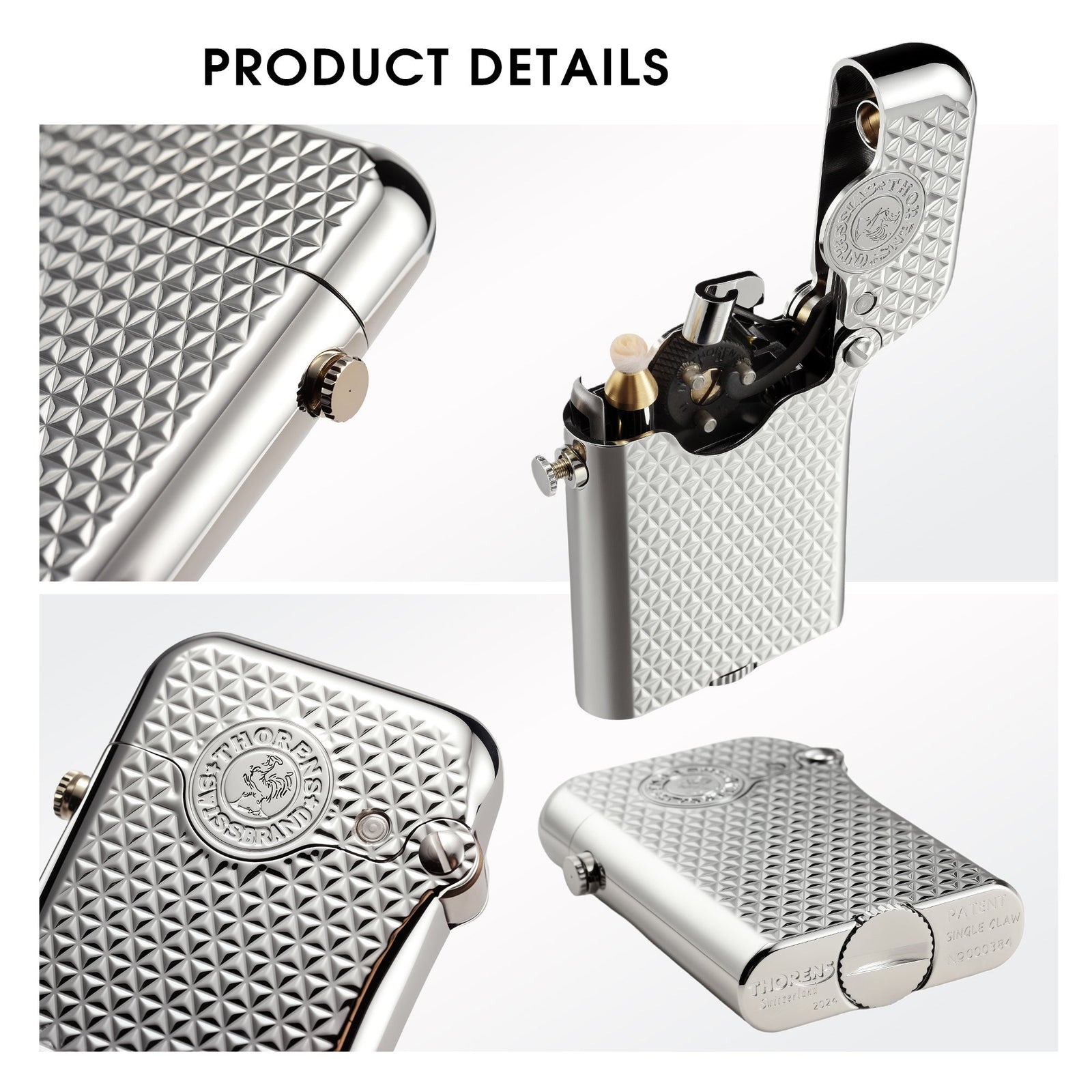 A collection of detail shots for the Thorens Gen 3 Diamond Grid silver lighter, showcasing the high-precision texture, the single-claw ignition mechanism, and the patent engravings on the polished bottom.