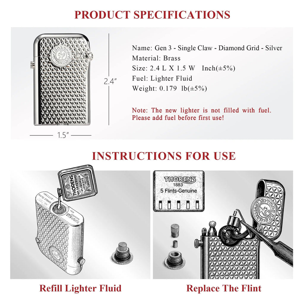 Technical specifications for the Thorens Gen 3 Diamond Grid silver lighter, listing dimensions and brass material alongside illustrated user instructions for refilling lighter fluid and replacing the flint.