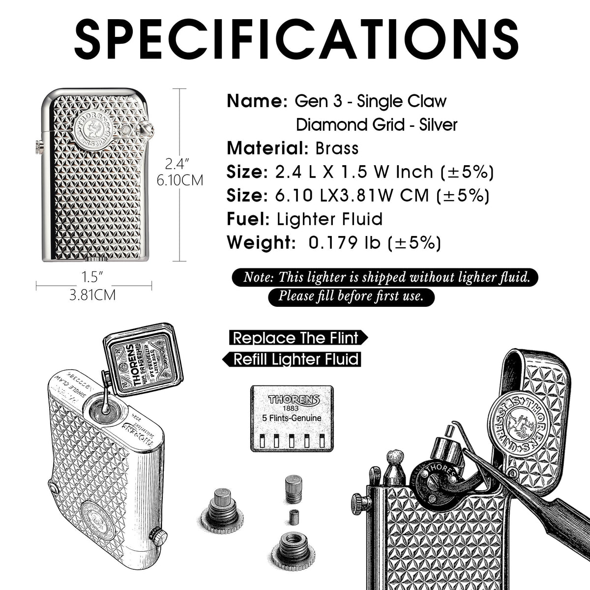 Technical specifications for the Thorens Gen 3 Diamond Grid silver lighter, listing dimensions and brass material alongside illustrated user instructions for refilling lighter fluid and replacing the flint.
