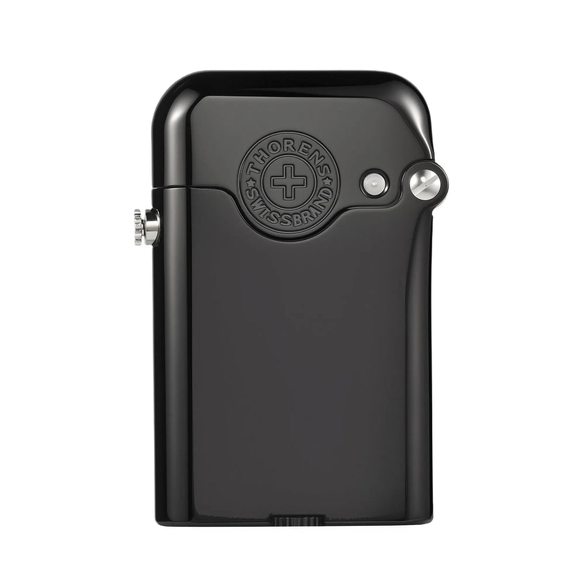 A glossy black Gen 3 Single Claw lighter featuring a raised Thorens Swiss Brand emblem, a bottom-fill design, and a polished mirror-finish body.