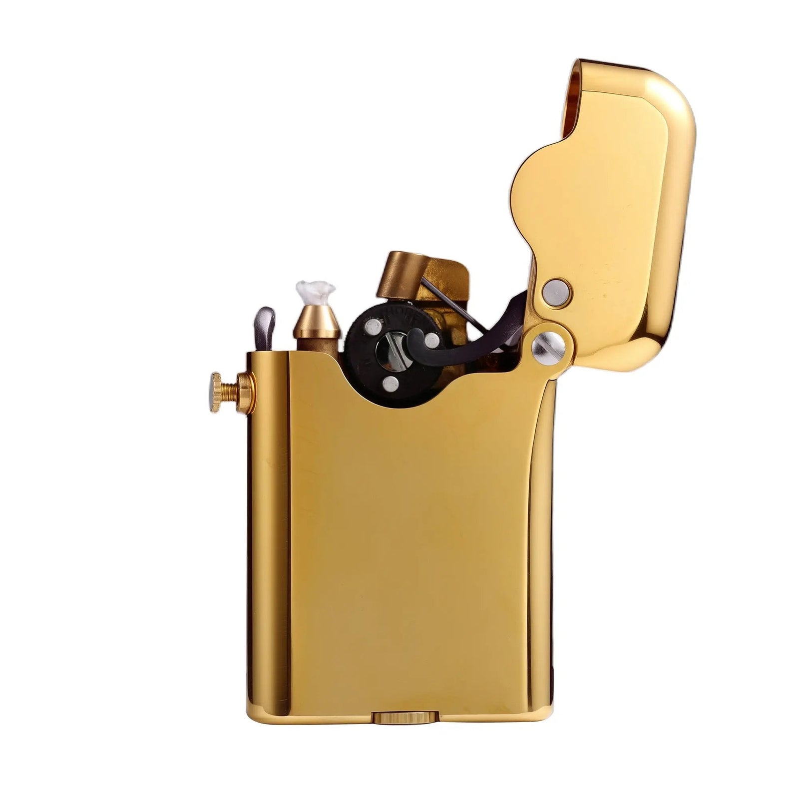 An open Thorens Gen 3 Single Claw lighter in glossy brass, featuring its heritage mechanical ignition and polished finish against a white background.
