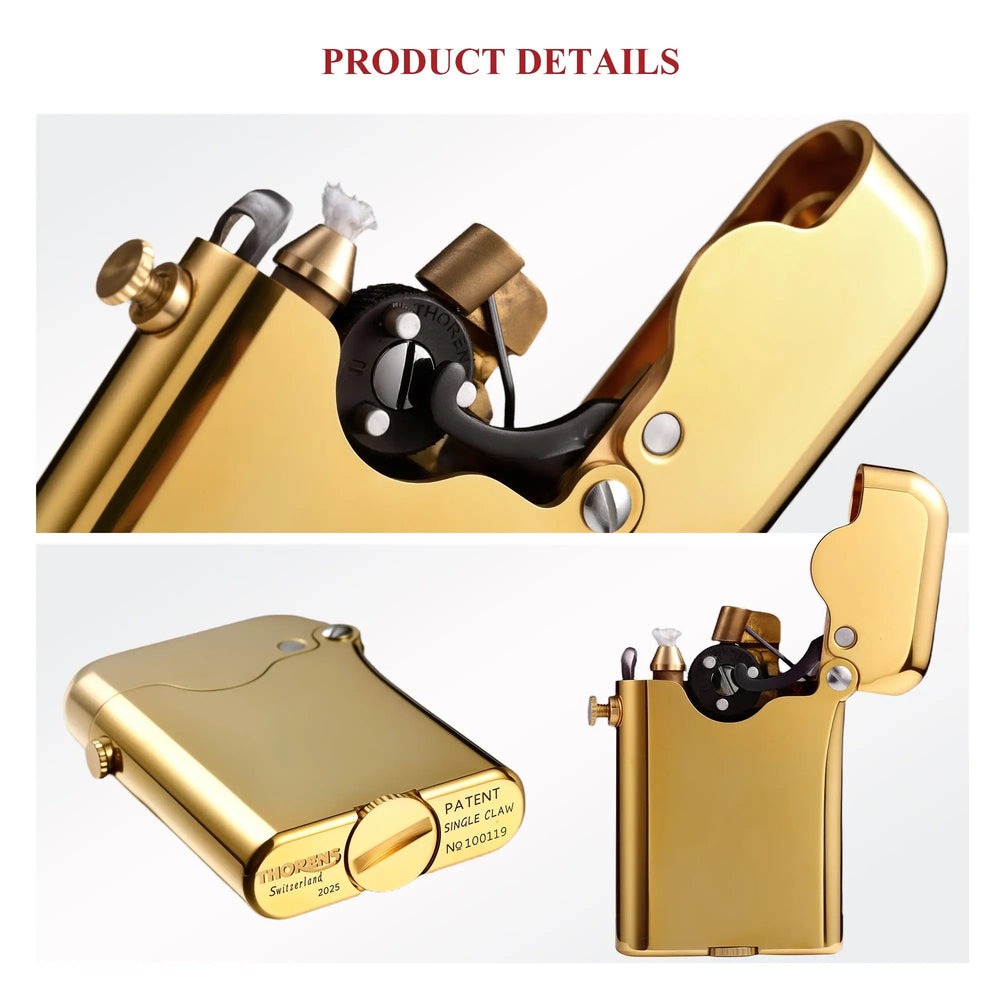 Close-up views of the Thorens Gen 3 Single Claw lighter, highlighting the mechanical claw system, the polished glossy brass body, and the bottom-fill patent engravings.