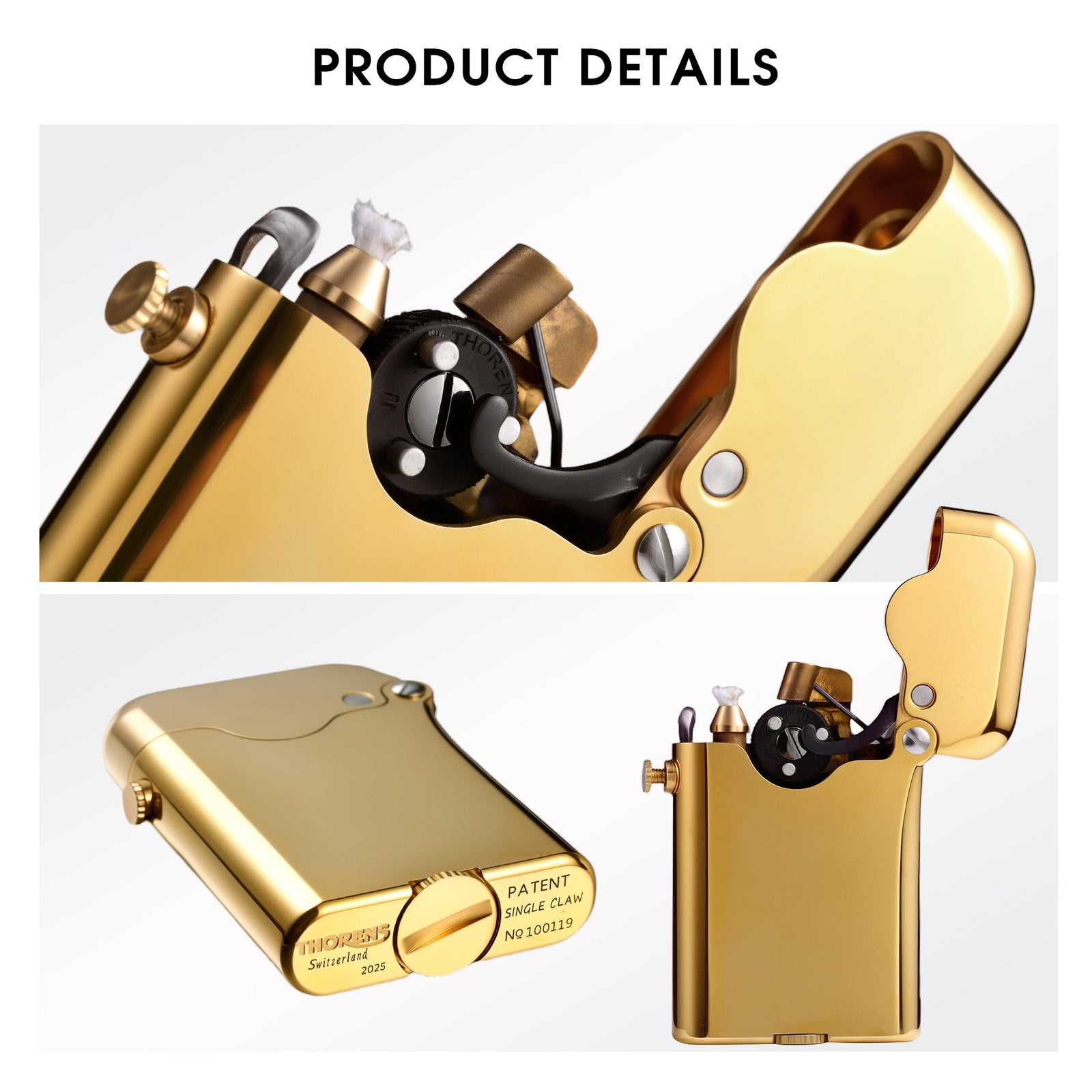 Close-up views of the Thorens Gen 3 Single Claw lighter, highlighting the mechanical claw system, the polished glossy brass body, and the bottom-fill patent engravings.