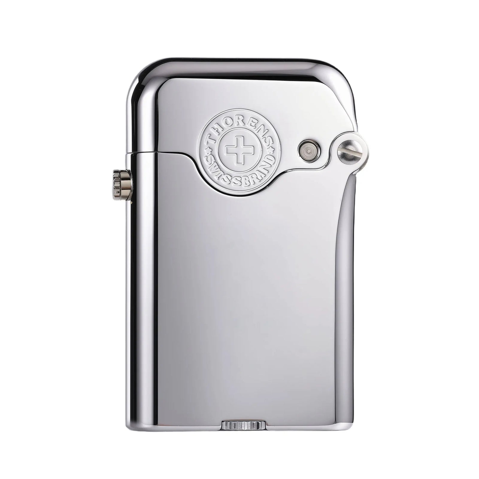 A polished silver Gen 3 Single Claw lighter featuring a raised Thorens Swiss Brand emblem, a bottom-fill design, and a mirror-finish chrome body.