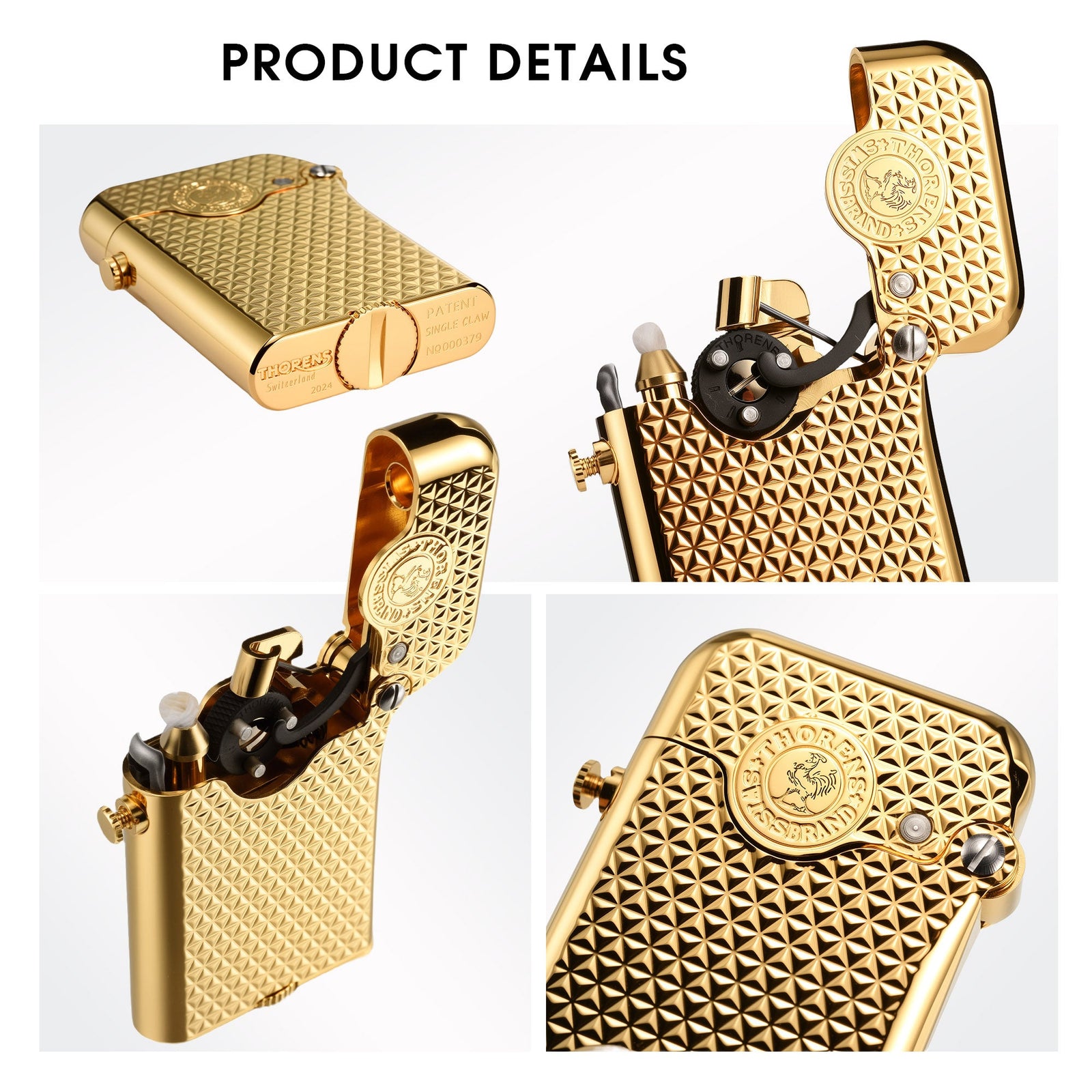 A collage of the gold Thorens Gen 3 Diamond Grid lighter showing the internal claw mechanism, bottom patent engravings, and the textured brass body.