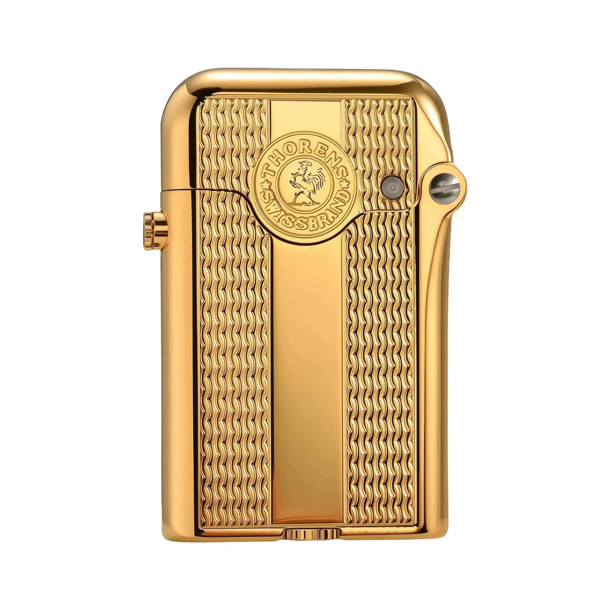 Front view of a closed Thorens Gen 3 gold lighter featuring a spaced water ripple engraving and the Thorens Swiss Brand logo medallion.