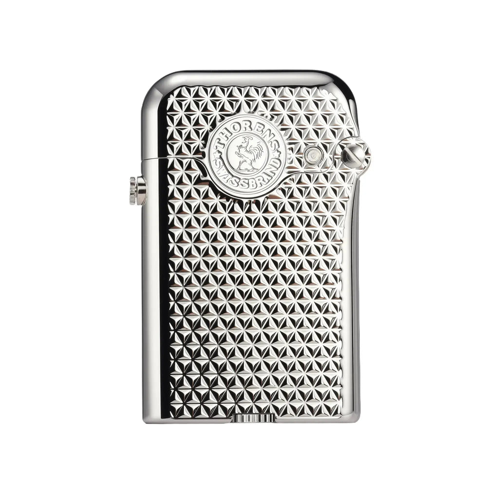 A Thorens Gen 3 silver single claw mechanical lighter with a precision-etched diamond grid pattern, showcasing polished chrome finish and refined EDC aesthetics.