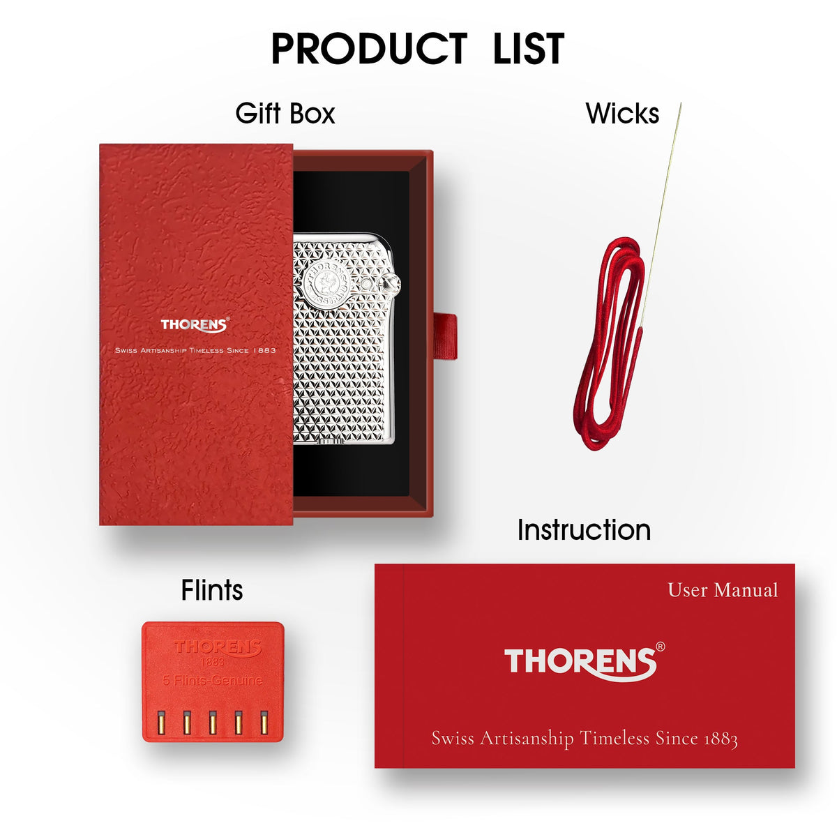 A Thorens Gen 3 Diamond Grid silver lighter displayed in a red gift box with included spare flints, wicks, and user manual.