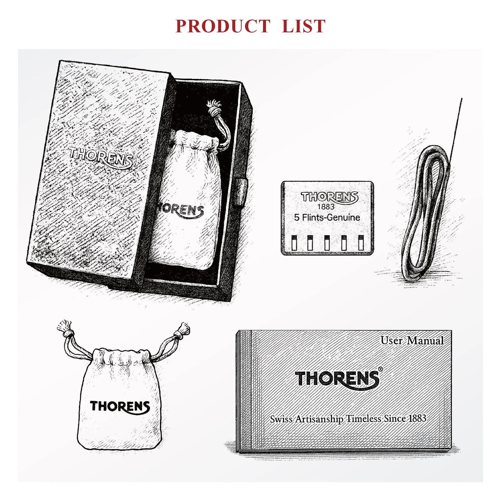 Hand-drawn style illustration of the Thorens Gen 3 lighter accessory set, including a premium gift box, cotton storage pouch, user manual, and replacement flints.