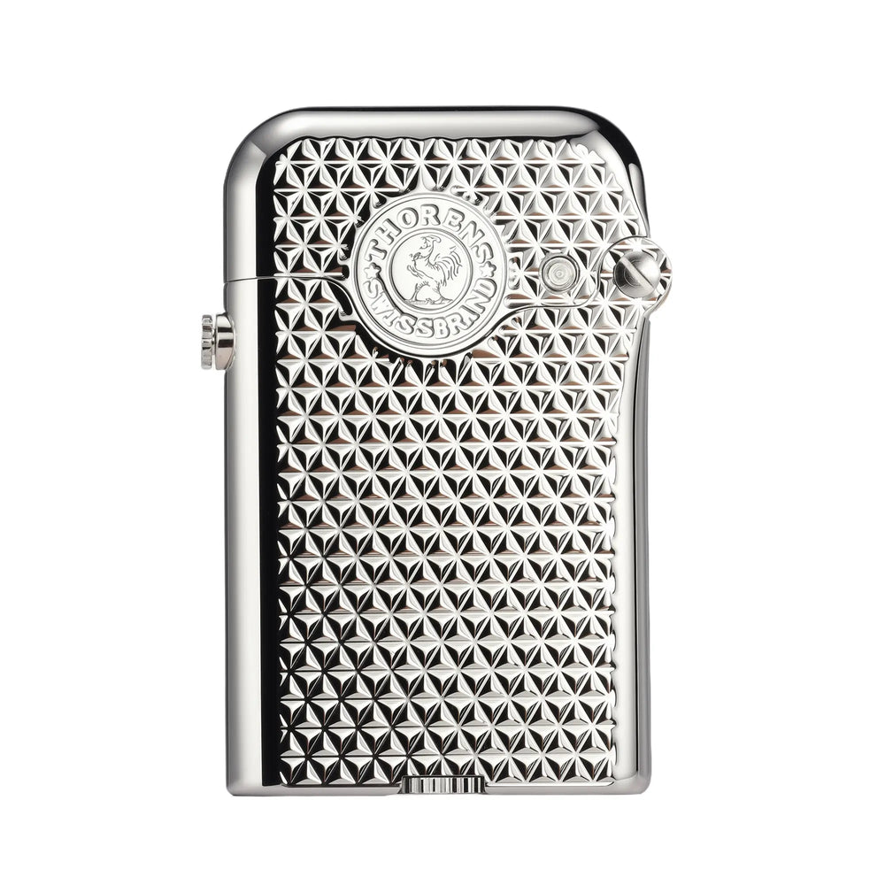 A silver Gen 3 Single Claw lighter featuring a 3D diamond grid texture and the Thorens Swiss Brand rooster emblem on a polished chrome body.