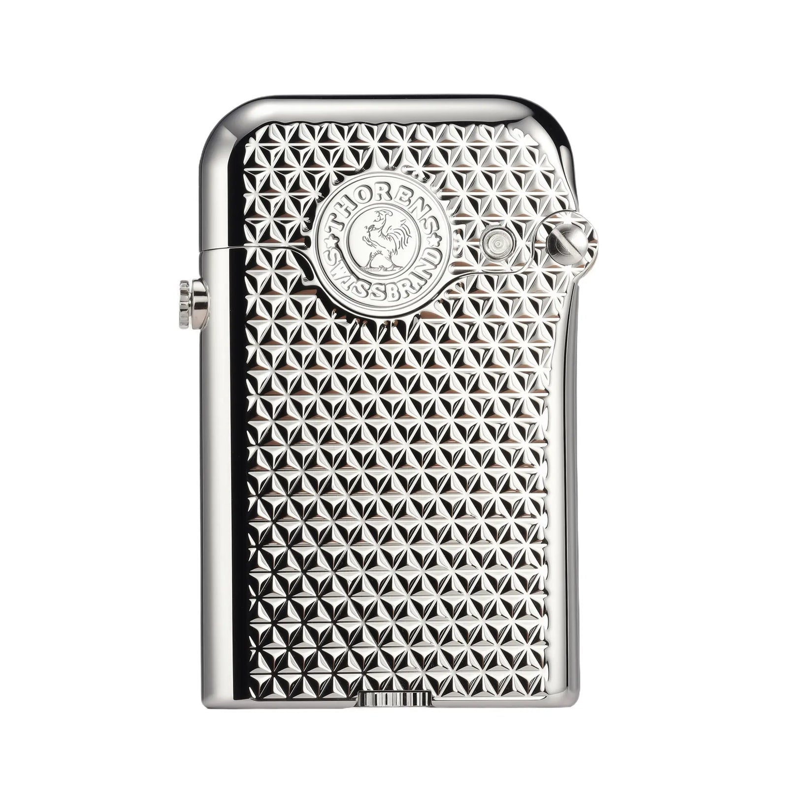 A silver Gen 3 Single Claw lighter featuring a 3D diamond grid texture and the Thorens Swiss Brand rooster emblem on a polished chrome body.