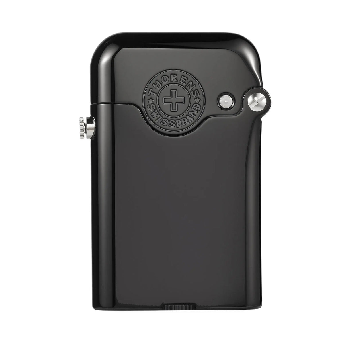 A Thorens Gen 3 Single Claw lighter featuring a high-gloss black finish and a prominent circular "THORENS SWISS BRAND" emblem embossed on the front, showcasing the classic side-screw ignition and bottom-fill design.