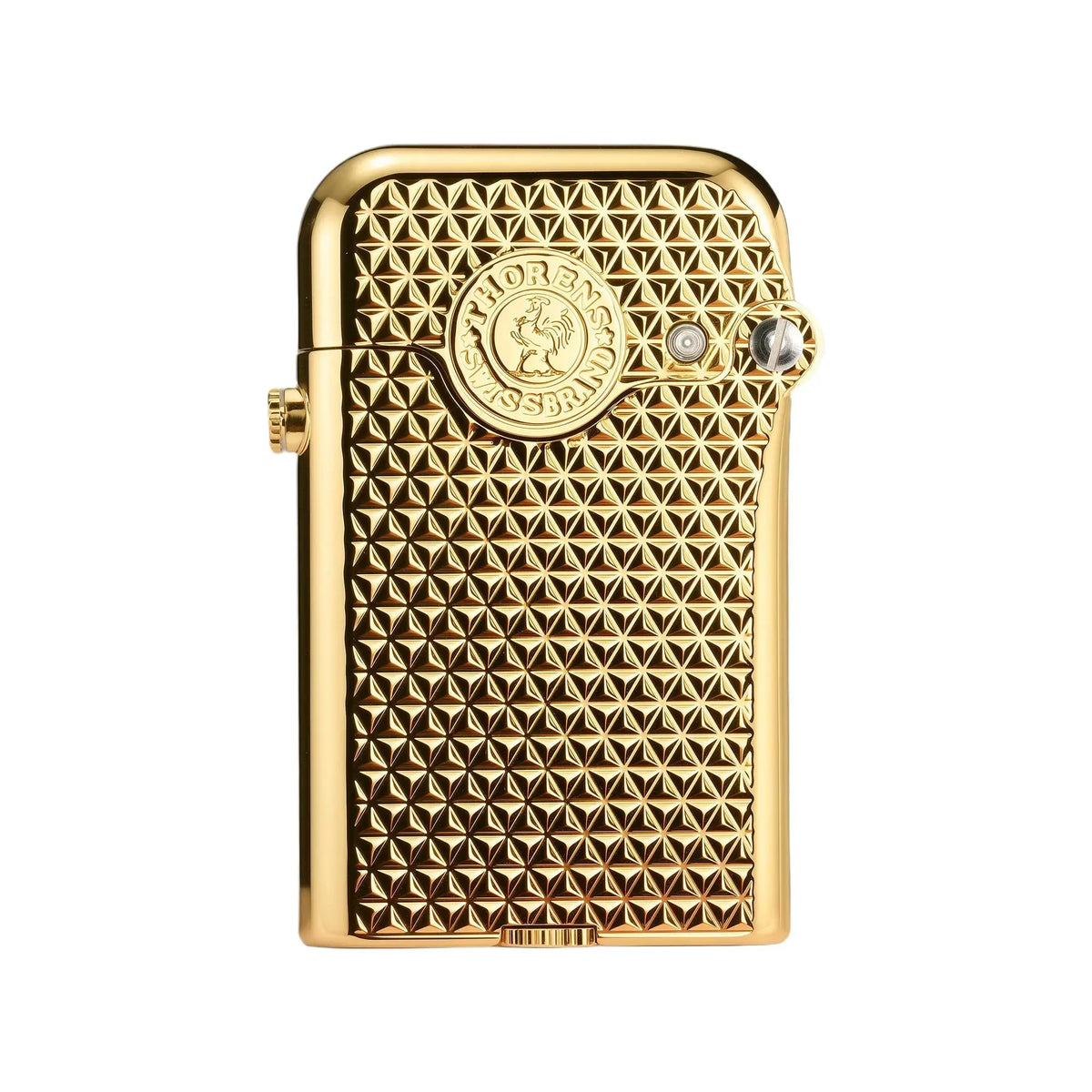 A Thorens Gen 3 single claw mechanical lighter featuring an intricate diamond grid texture and gold-plated finish, showcasing Swiss-inspired brass craftsmanship and heritage.