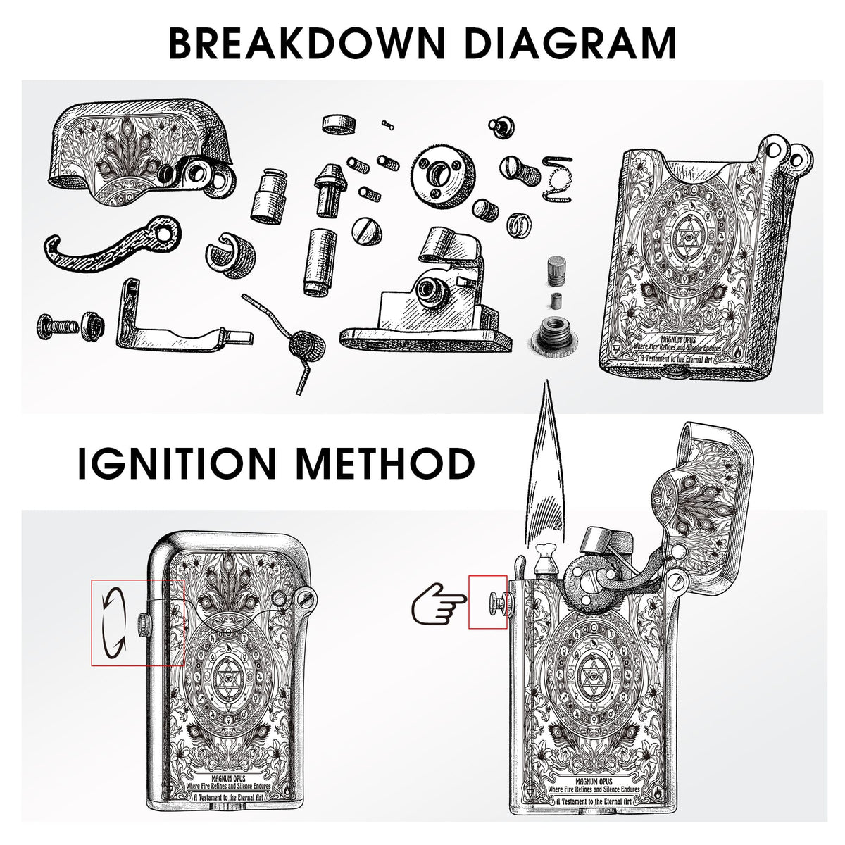 Technical breakdown diagram of the Thorens Gen 3 Single Claw Magnum Opus lighter, showing internal components and the side-knob ignition method.