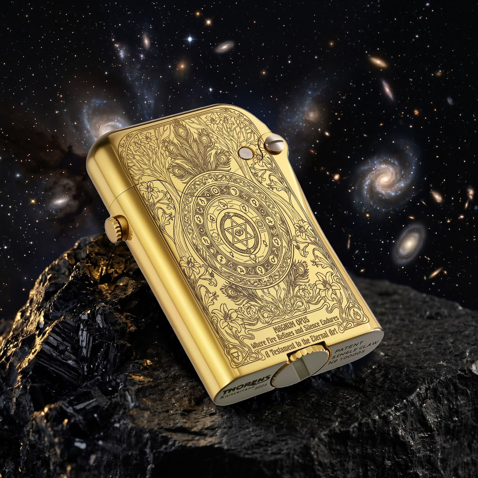 Thorens Gen 3 Single Claw Magnum Opus lighter shown closed, highlighting the intricate engraved brass surface and curved case profile on a dark rocky setting.