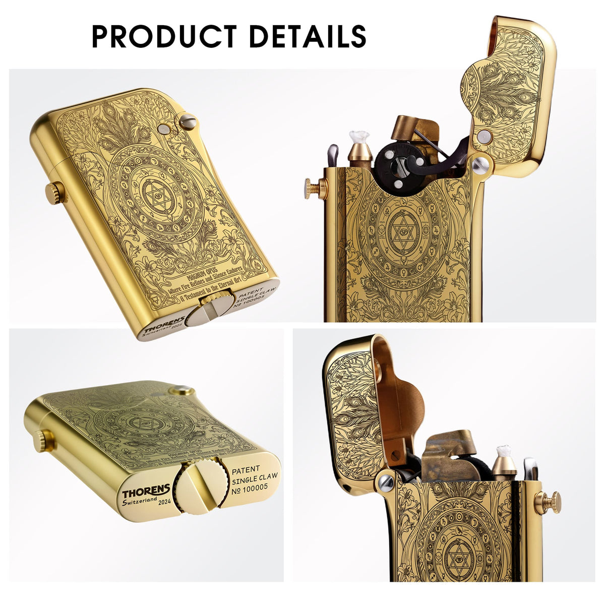 Thorens Gen 3 Single Claw Magnum Opus lighter shown in multiple views, highlighting the engraved brass surface, open claw mechanism, and base details.