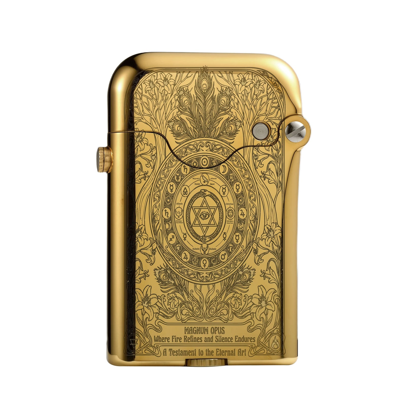 Thorens Gen 3 Single Claw Magnum Opus lighter shown closed, highlighting the engraved brass surface, rounded case profile, and signature single-claw structure.
