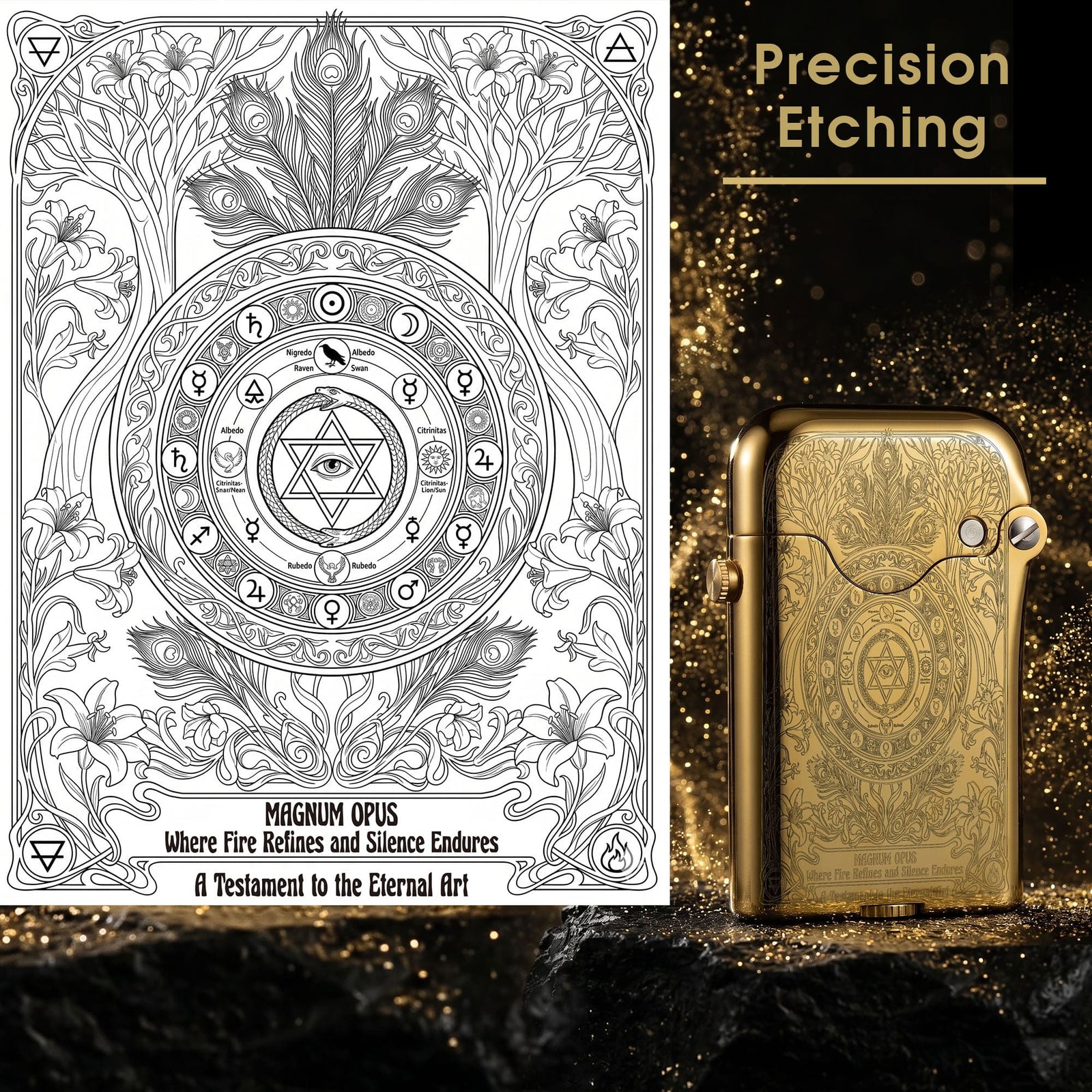 Thorens Gen 3 Single Claw Magnum Opus lighter shown beside its engraving artwork, highlighting the intricate etched pattern and polished brass body.