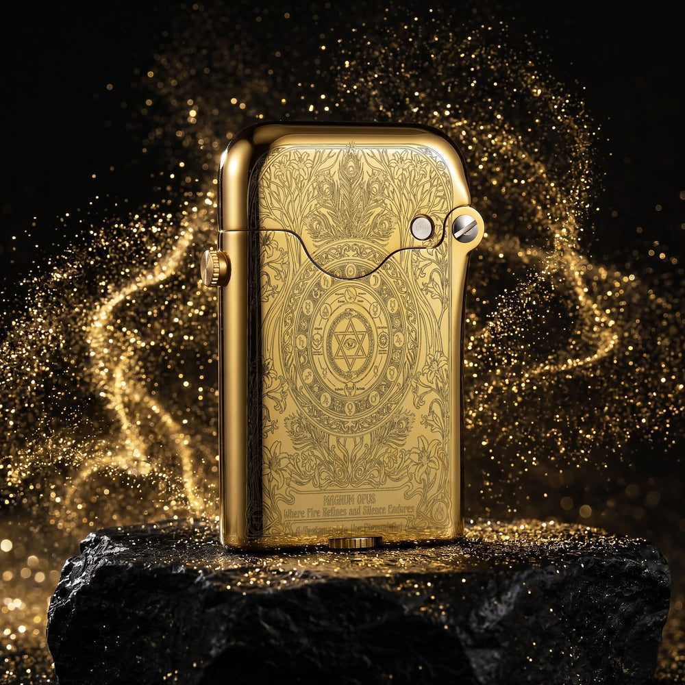 Thorens Gen 3 Single Claw Magnum Opus lighter shown closed, highlighting the intricate engraved brass surface and smooth rounded case against a dark luminous backdrop.