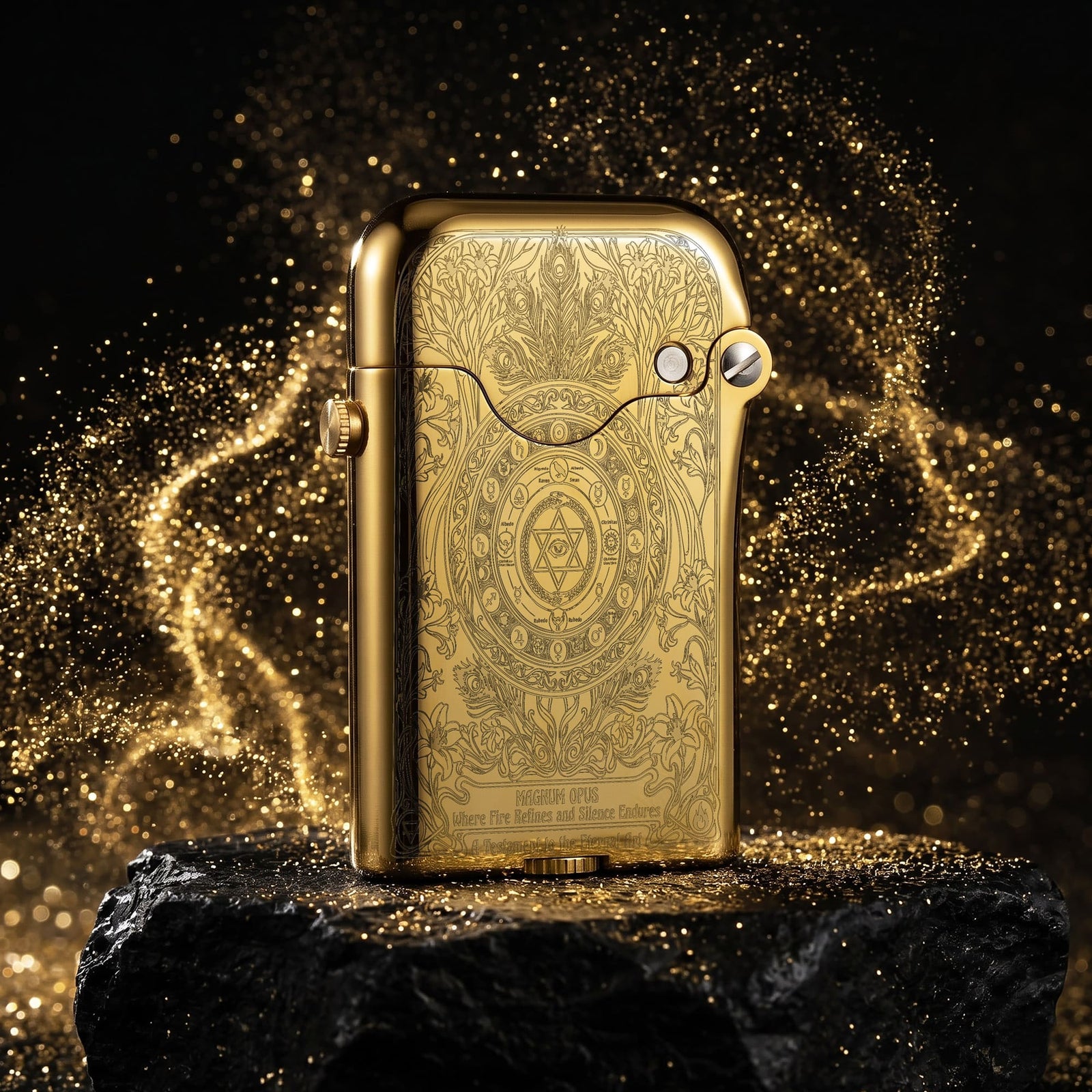Thorens Gen 3 Single Claw Magnum Opus lighter shown closed, highlighting the intricate engraved brass surface and smooth rounded case against a dark luminous backdrop.